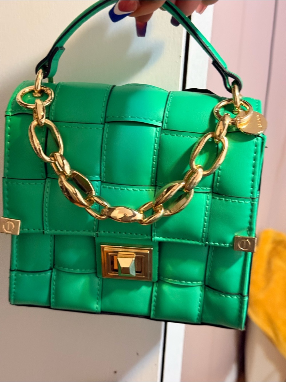 Aldo Green Quilted Top-Handle Satchel with Gold Chain